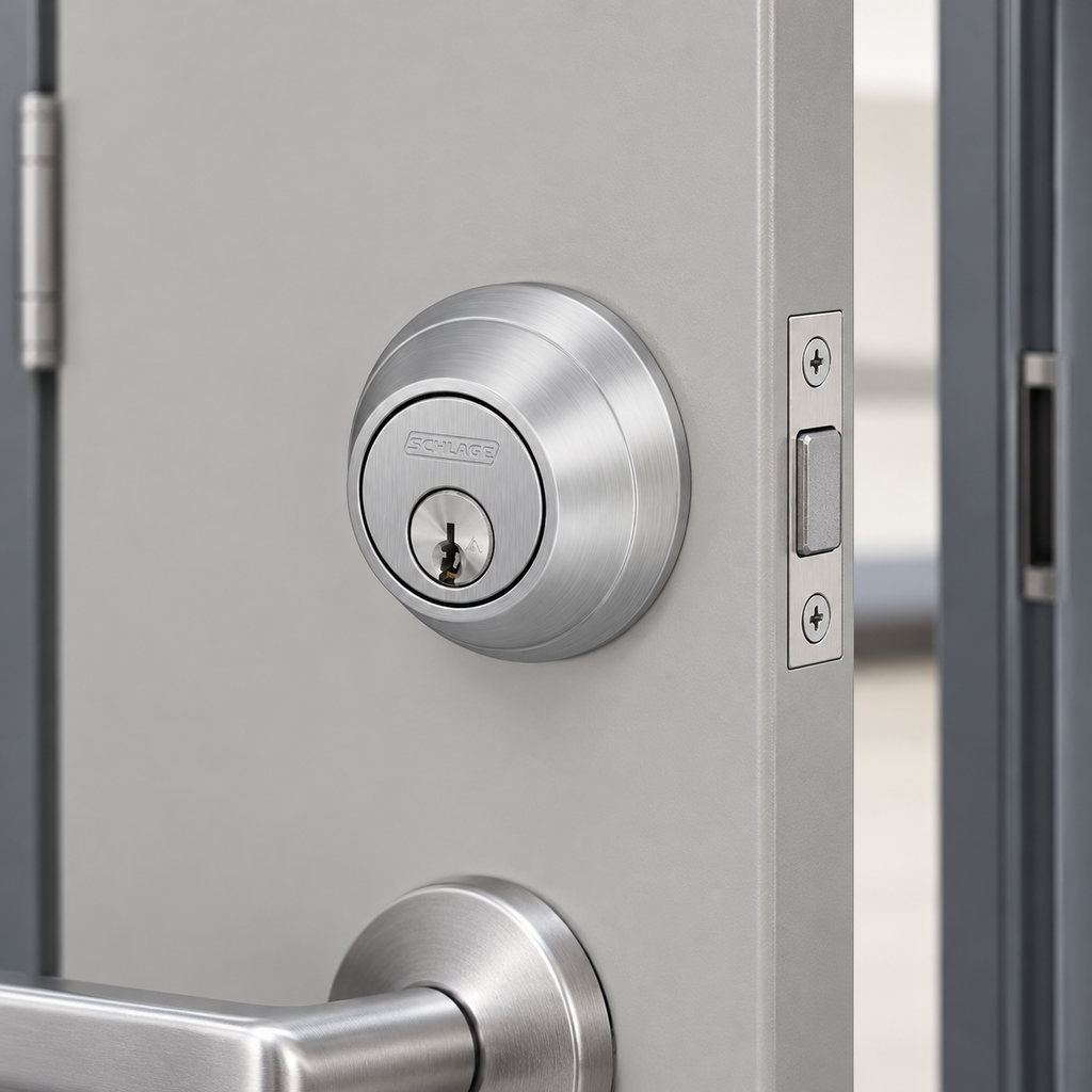 schlage-b600 — illustrative application view, representative finish; surrounding door and hardware not included