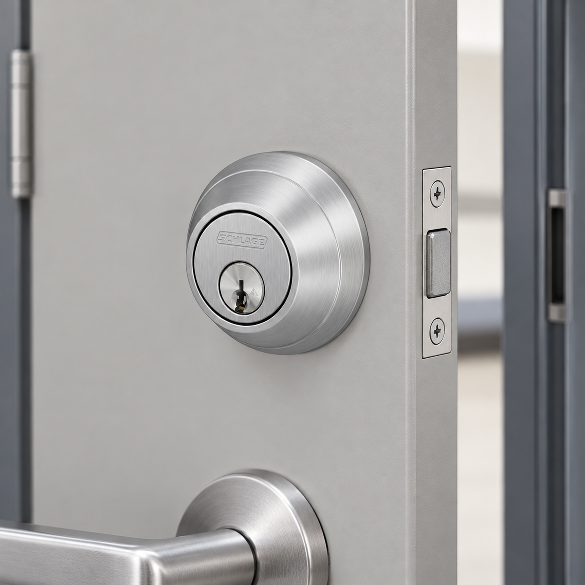 schlage-b600 — illustrative application view, representative finish; surrounding door and hardware not included