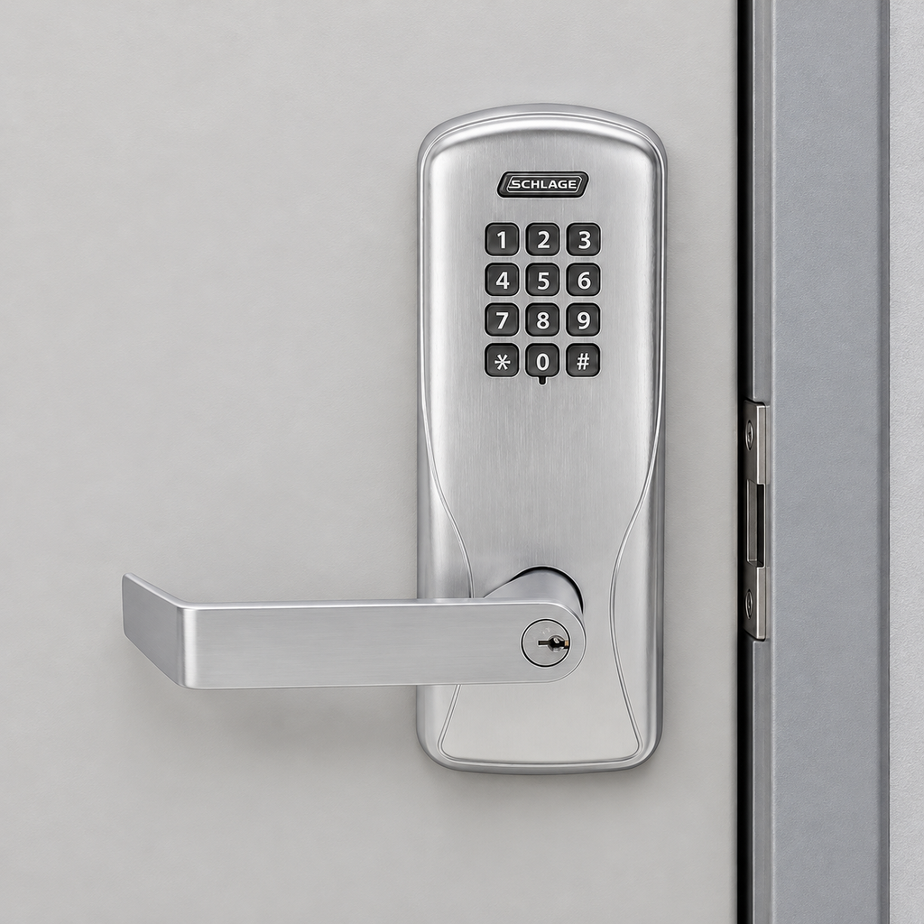 schlage-co-100 — illustrative door installation, representative satin finish; door and surrounding hardware not included