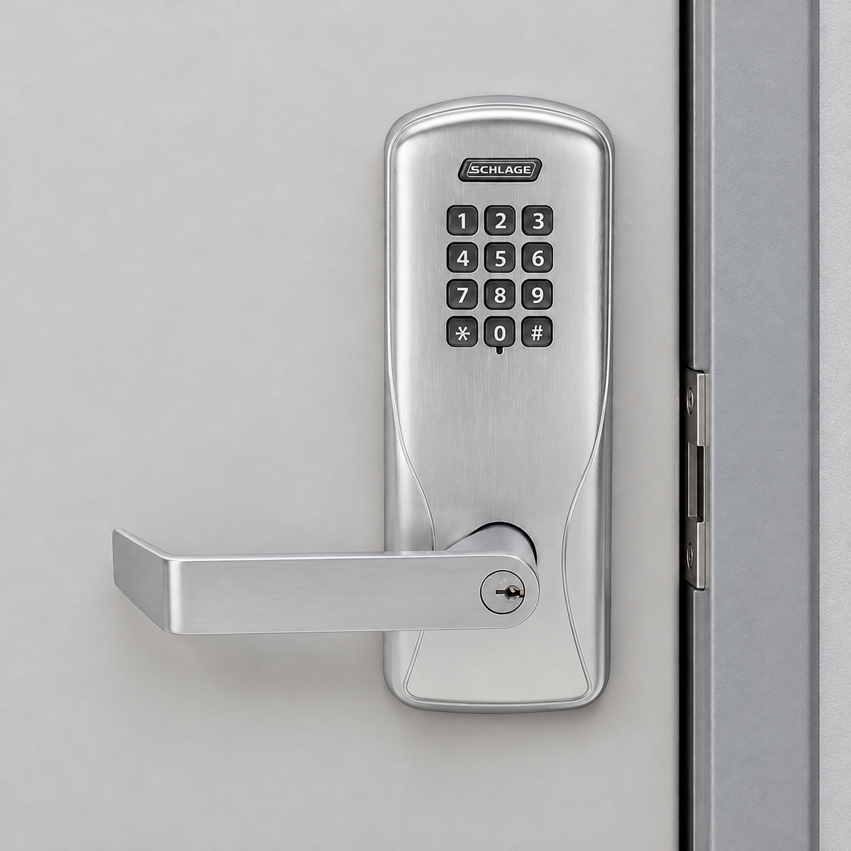 schlage-co-100 — illustrative door installation, representative satin finish; door and surrounding hardware not included